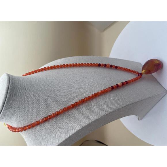 Orange Beaded Necklace with Amber Teardrop Pendant - Picture 4 of 6